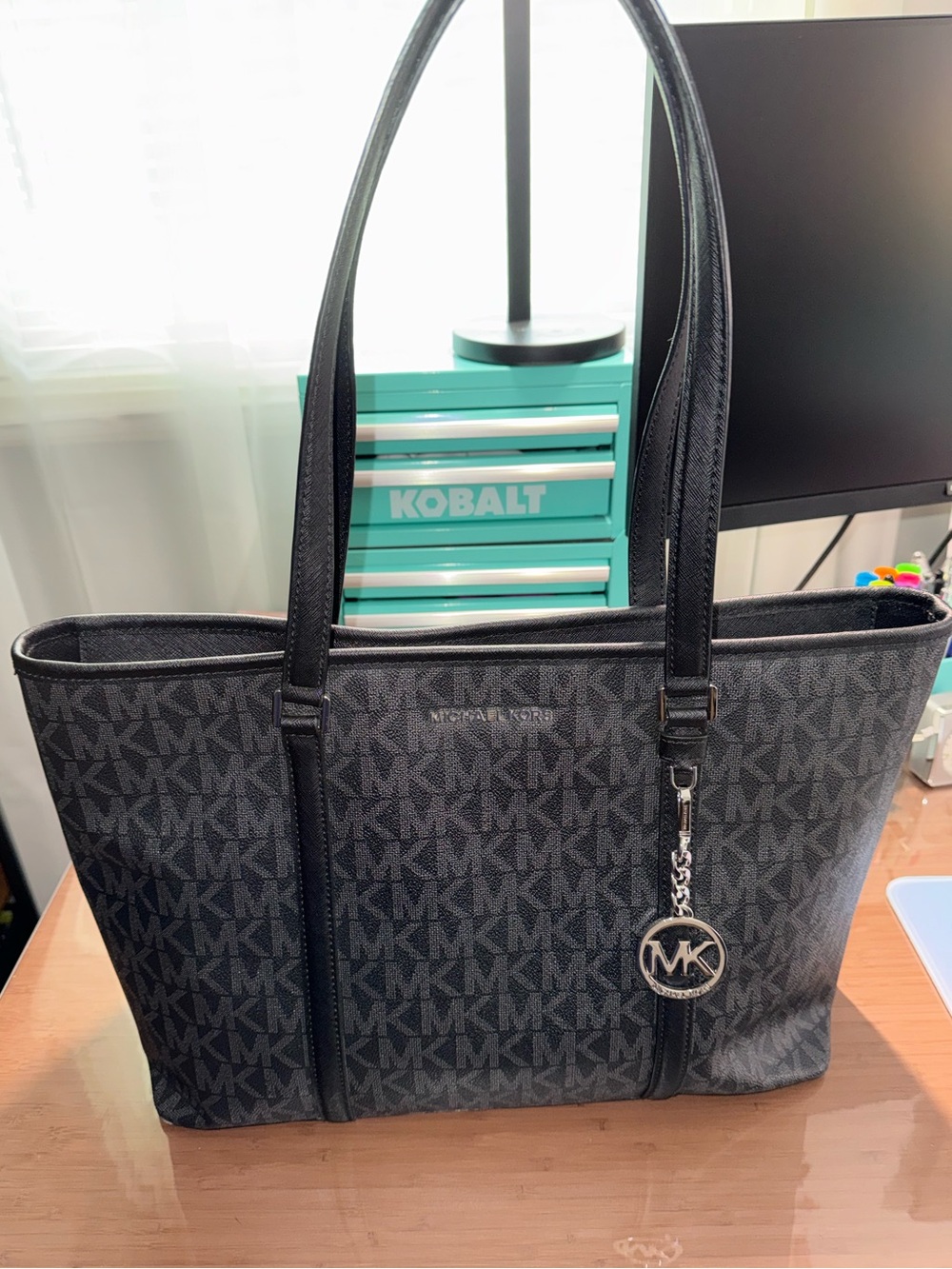 Michael Kors Black MK Logo Tote with Silver Charm